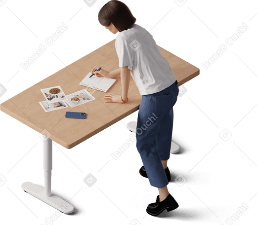 3D isometric view of young woman leaning on table and writing PNG, SVG