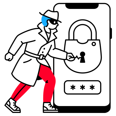 Burglar in coat, hat and mask picks the lock on a smartphone with a password with a picklock Illustration in PNG, SVG