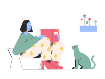 Женщина читает дома со своей кошкой в PNG, SVG