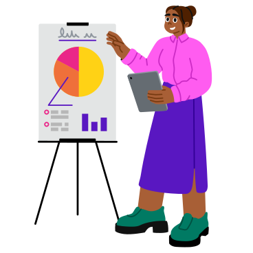 Woman showing business presentation with pie chart PNG, SVG