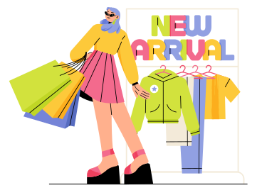 Lettering New Arrival with young woman at the clothes rack text PNG, SVG