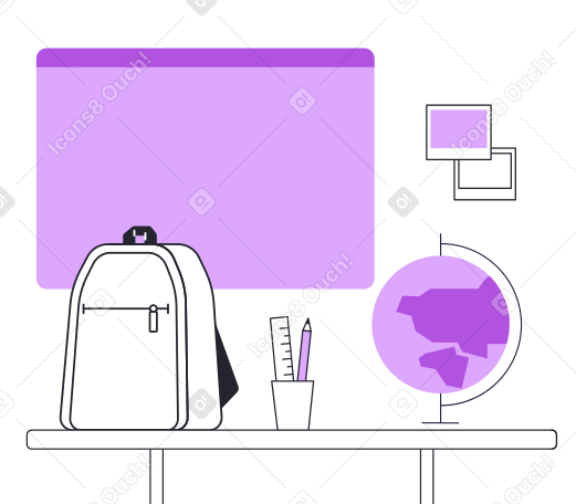 School backpack with stationery in the classroom  Illustration in PNG, SVG