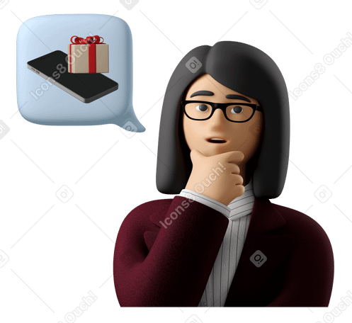 3D Businesswoman with hand on her chin thinking about buying presents Illustration in PNG, SVG