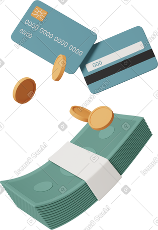 3D coins banknotes and credit cards in the air PNG, SVG