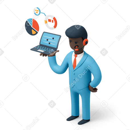 3D Businessman holding a laptop with business statistics on screen Illustration in PNG, SVG