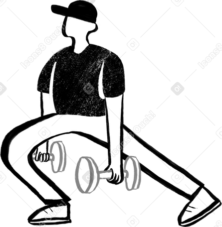 Черно-белый мужчина в кепке делает упражнения с гантелями в PNG, SVG
