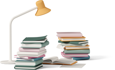 workplace with stacks of books PNG, SVG