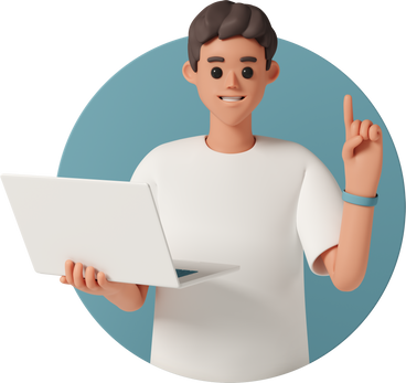 young man holding laptop and pointing up PNG, SVG