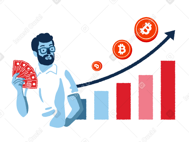 Man holding money in front of a growing bitcoin graph PNG, SVG