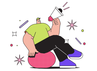 Анимированная иллюстрация Мужчина-промоутер сидит на тренировочном мяче и кричит в мегафон в GIF, Lottie (JSON), AE