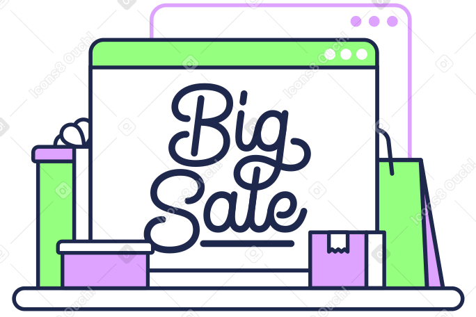 Надпись «большая распродажа» с коробками для покупок и текстом сумки в PNG, SVG