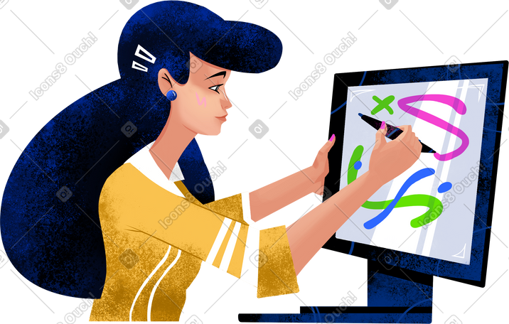 woman in a yellow shirt draws with a pen PNG, SVG