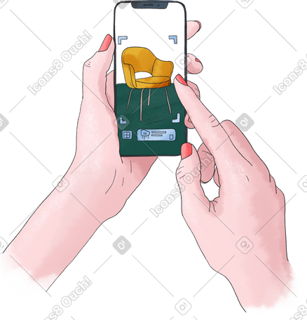 hands holding a phone with a furniture search app PNG, SVG