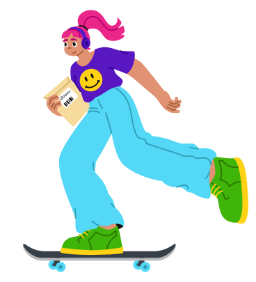 Junge frau liefert auf einem skateboard ein paket mit dokumenten aus PNG, SVG
