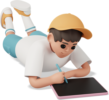 Мальчик лежит на животе и использует планшет со стилусом в руке в PNG, SVG
