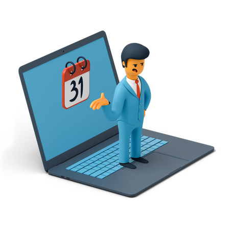 Man in suit standing on laptop and showing deadline reminder Illustration in PNG, SVG