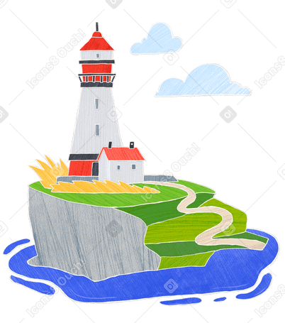 Large white and red lighthouse standing on a mountain surrounded by water PNG, SVG