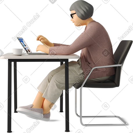 3D elderly woman working with laptop PNG, SVG