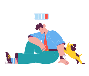 Tired man sits sad next to his dog PNG, SVG