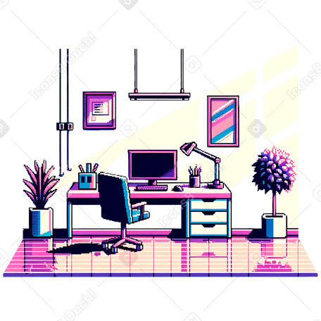 Пиксельный фон домашнего офиса со светом, проникающим в окно в PNG, SVG