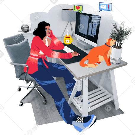 Молодая женщина работает за компьютером дома в PNG, SVG