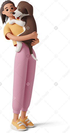 3D Girl standing and holding dog Illustration in PNG, SVG