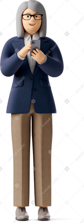 3D old businesswoman in glasses and suit with phone looking straight PNG, SVG