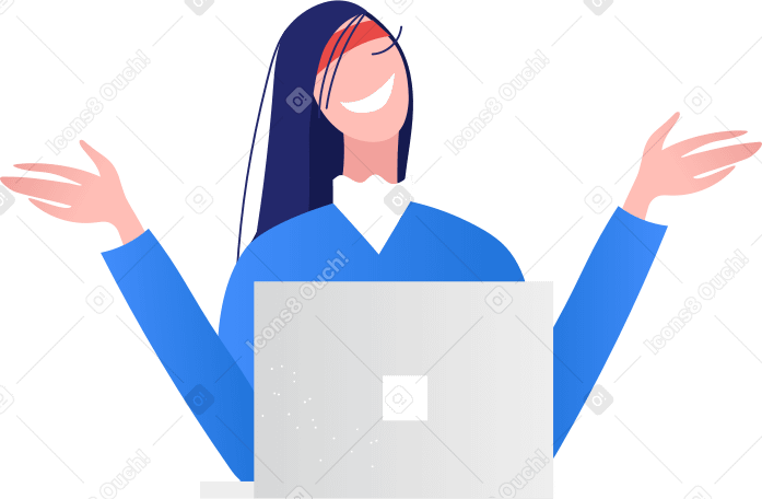 happy woman sits at the computer and spreads her arms to the sides Illustration in PNG, SVG