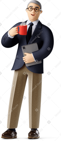 3D old businessman in glasses standing with coffee mug in hand and holding tablet PNG, SVG
