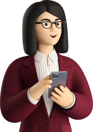 3D businesswoman in red suit with phone looking aside Illustration in PNG, SVG