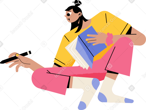 연필과 책을 들고 앉아있는 소녀 PNG, SVG