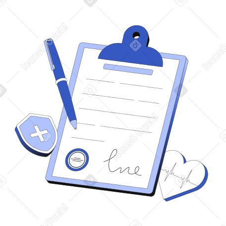 Signed health insurance policy on clipboard animated illustration in GIF, Lottie (JSON), AE