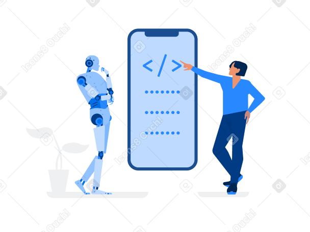 Ein mann bringt einem android-roboter die ux-programmierung bei PNG, SVG