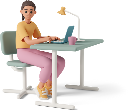 three-quarter view of young woman working on laptop Illustration in PNG, SVG