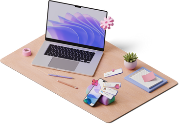 isometric view of desk with laptop and smartphone with new messages PNG, SVG