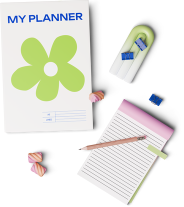 top view of planner and notebook with geometric figures PNG, SVG