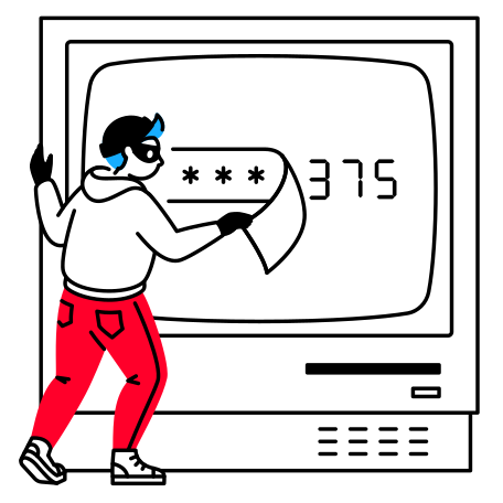 Thief in a mask, gloves and hat steals the password from a computer Illustration in PNG, SVG