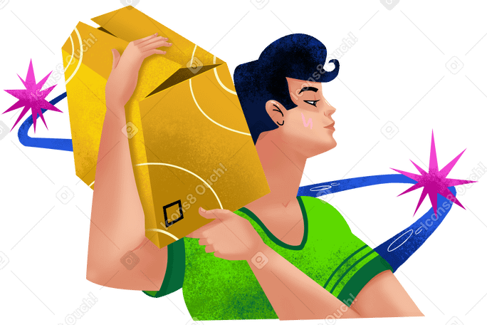 Man carrying cardboard box on shoulder Illustration in PNG, SVG