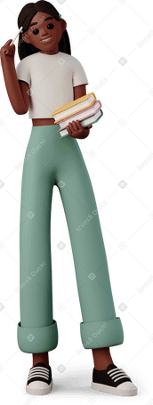 3D girl with books and pen in hand Illustration in PNG, SVG