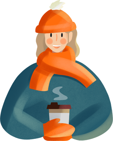 woman in a green jacket with an orange scarf and hat PNG, SVG