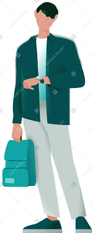 junger mann mit rucksack schaut auf seine uhr PNG, SVG