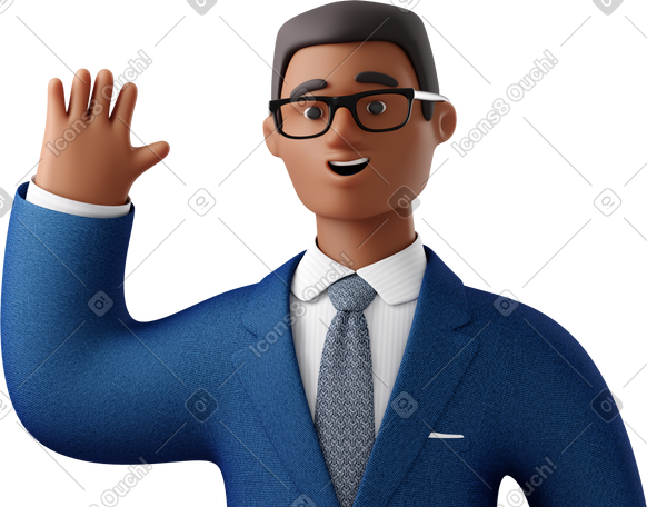 3D close up of black businessman in blue suit waving hello PNG, SVG