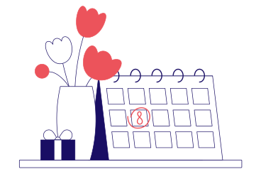Сalendar with the number 8 marked on it, flowers and present PNG, SVG