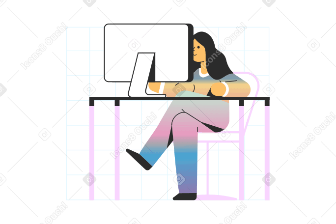 Mulher sentada na mesa e trabalhando no computador PNG, SVG