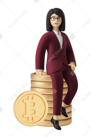 3D Mujer asesora de bitcoin con traje rojo sentada en un montón de bitcoins PNG, SVG