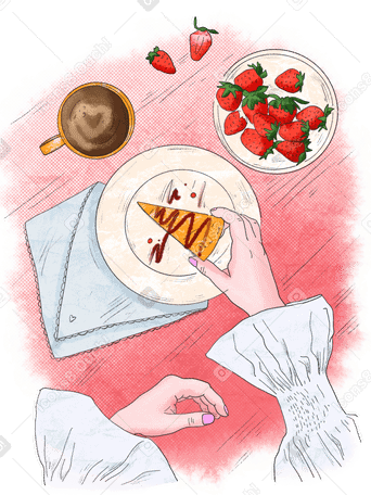 케이크와 커피, 신선한 딸기가 포함된 아름다운 아침 식사 PNG, SVG