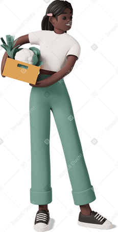 3D black girl holding box of vegetables Illustration in PNG, SVG