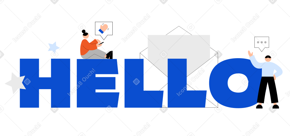 Lettering Hello! with waving hand and envelope text PNG, SVG
