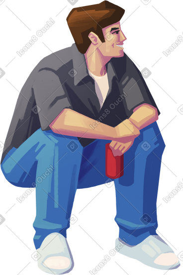 Smiling man sitting and holding a drink PNG, SVG