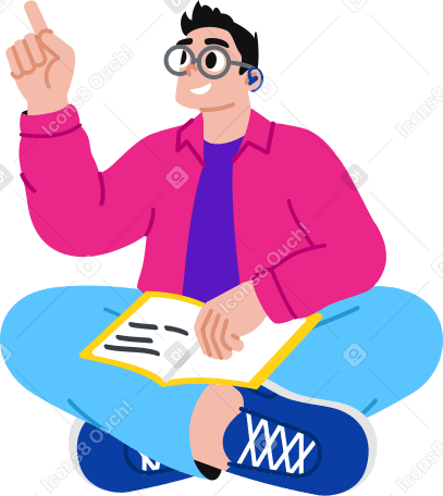 보청기를 들고 책상다리를 하고 책을 들고 앉아 있는 남자 PNG, SVG